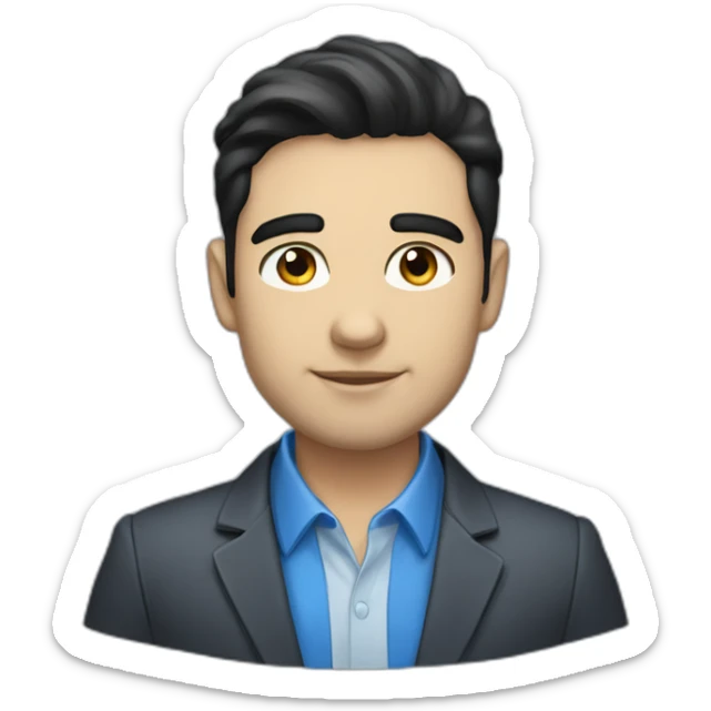 30 year old man, caucasian, black hair, blue eyes, blazer, t-shirt sticker