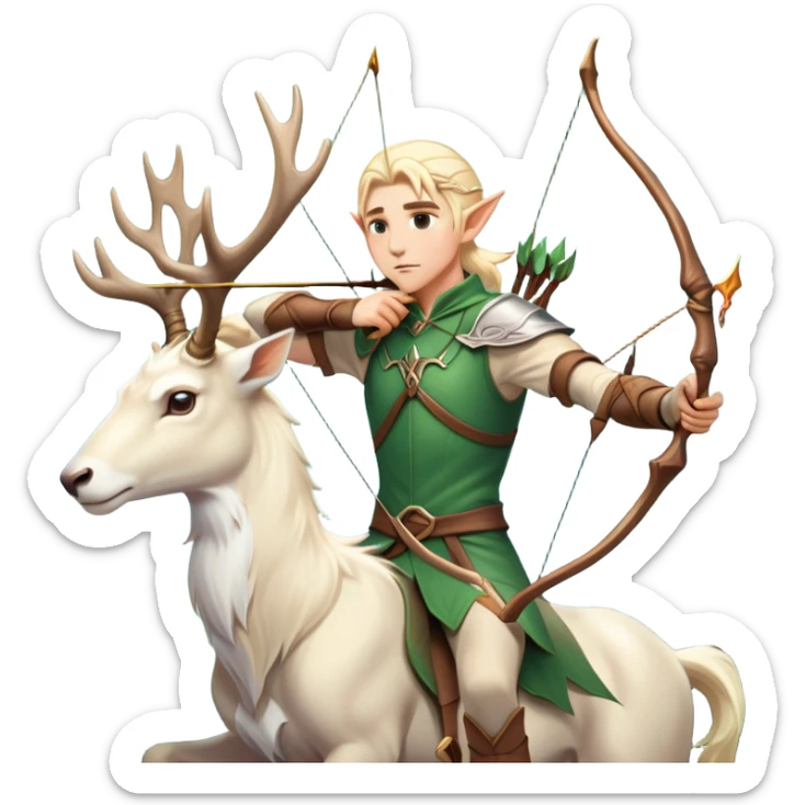 clash-of-clans-aesthetic-blond-male elf-archer-portrait-emoji, rendered in a flat, vector-style with minimal shading and bold holding his bow, simplified shapes, head tilted slightly forward with a determined, focused expression, riding a majestic white stag whose antlers glow with mystical energy, set against an ancient, enchanted forest backdrop. sticker