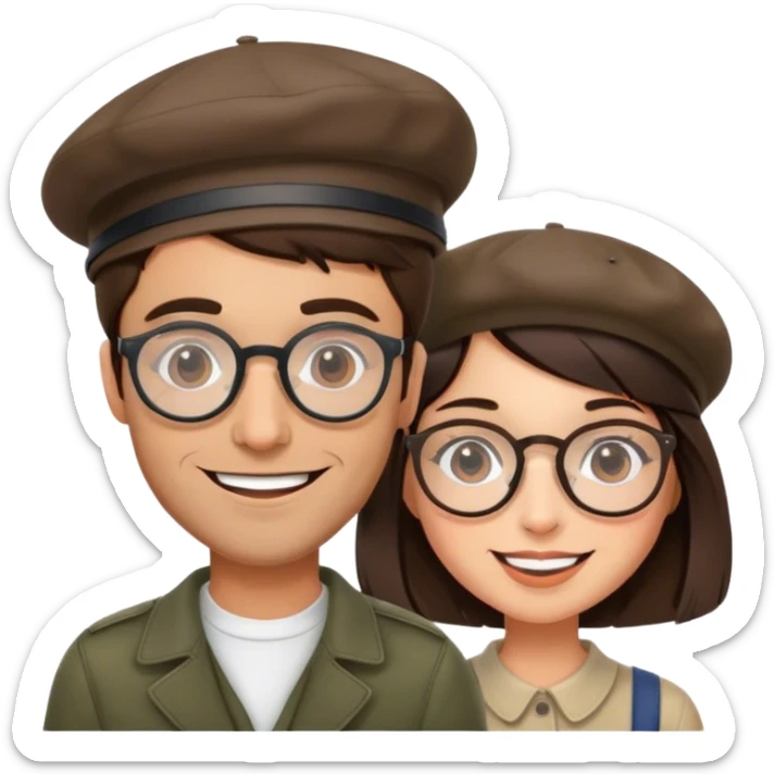 brunette hipster man w wire glasses and brunette girl with bob and a beret sticker