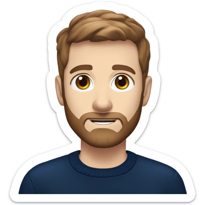 irish man blue eyes, brown short hair and short beard, wearing a smart navy blue jumper. sticker