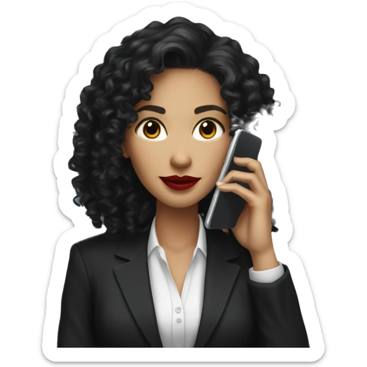 corporate white woman, red lipstick, long black curly hair, with a phone, black blazer  sticker