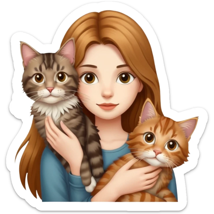 A beautiful girl with fair skin and long hair is holding a tabby cat and a Maine Coon cat sticker