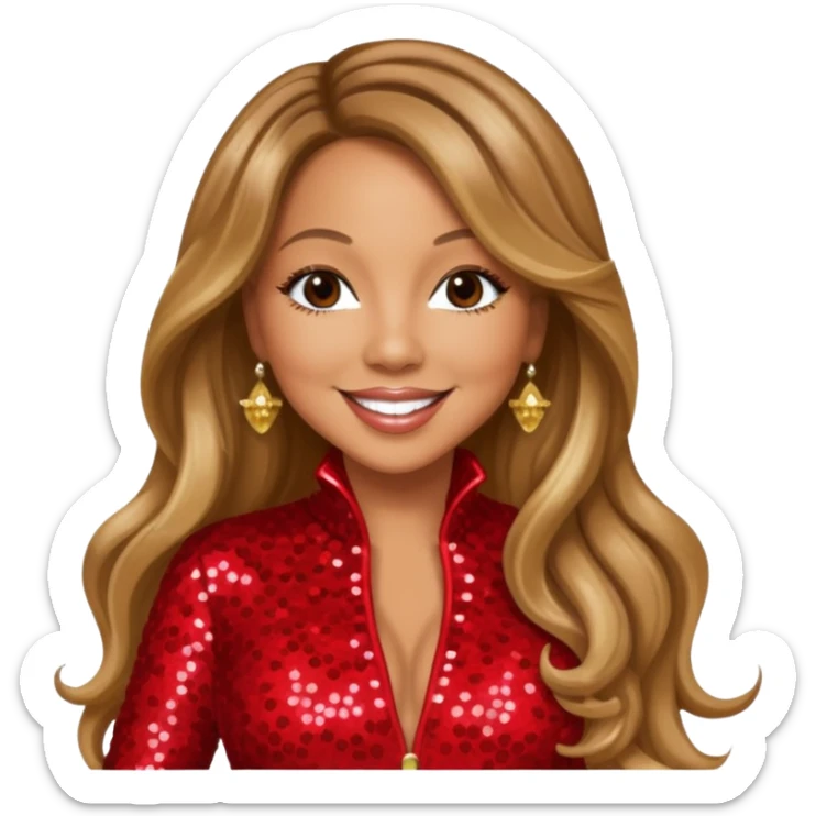 Mariah Carey with long dark blonde hair, red sequin jumpsuit sticker