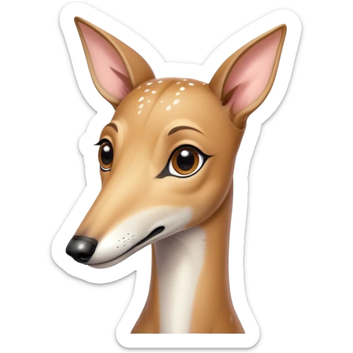 Cinematic Cute Fawn Greyhound Portrait Emoji, Head tilted playfully and inquisitively, featuring a sleek fawn Fur with a gentle sheen, round, sparkling eyes filled with curiosity, Simplified yet irresistibly adorable features, highly detailed, glowing with a warm, friendly glow, high shine, affectionate and nimble, stylized with a touch of whimsy, bright and endearing, soft glowing outline, capturing the essence of a mischievous yet loving racer, so playful it feels like it could sprint out of the screen and into your arms! sticker