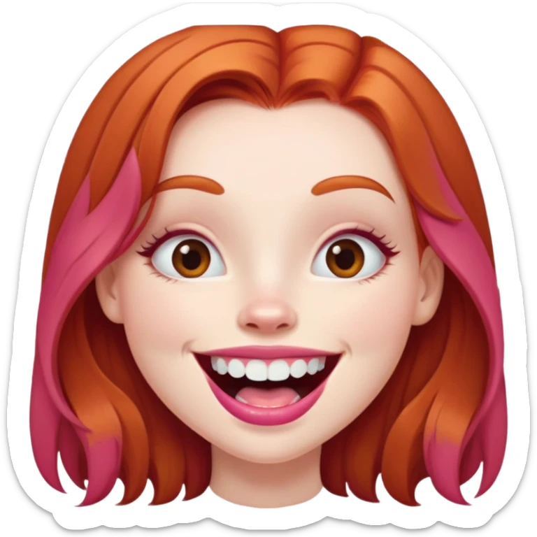 Young girl with pale skin, full pink lips smiling with big teeth, ginger red hair (very long), bigger nose, deep brown eyes (less green), big mouth sticker