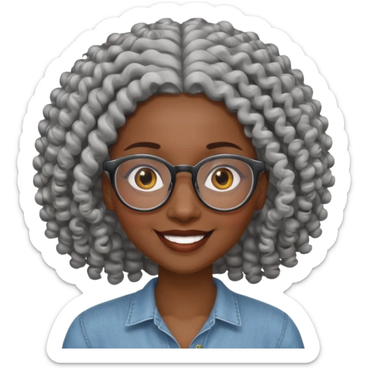 smiling dark black woman wearing glasses with lots of curly gray hair a sticker