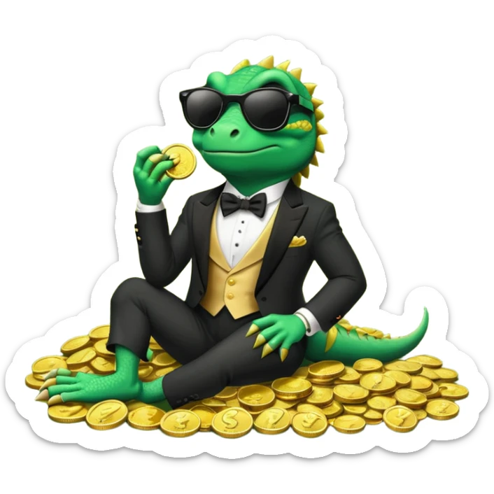 capitalist iguana banker in tuxedo and black sunglasses lying comfortly on coins sticker