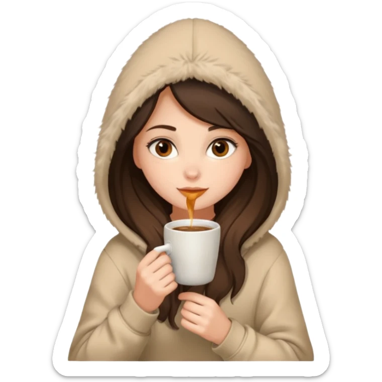 a brunette girl sitting cozily in a beige fur hoodie sipping coffee sticker