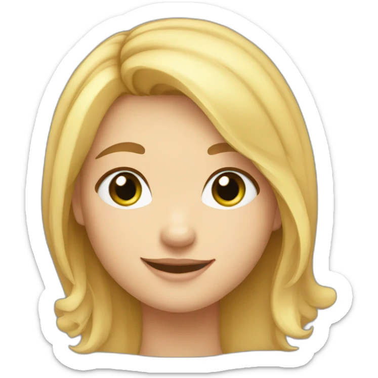 A cute girl with golden hair, soft features, green eyes, fair skin, and a smile sticker