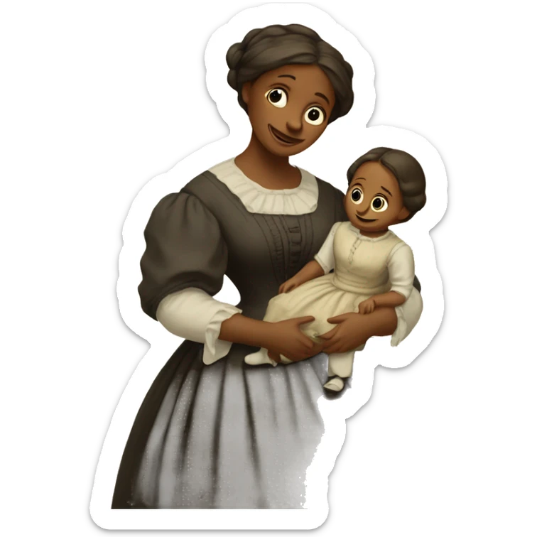 A 19th century woman with a child in her arms. There is a big letter "A" on the dress sticker
