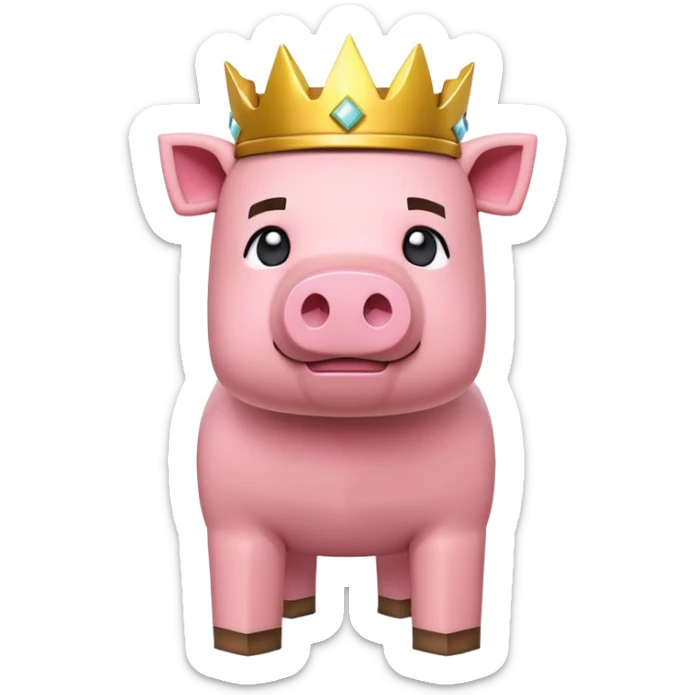 minecraft pig full body pink blocky animal with square head wearing a crown sticker