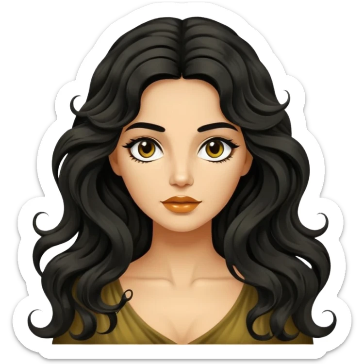 Alluring 1970's greek olive skin shiny long black wavy textured tousled hair sticker