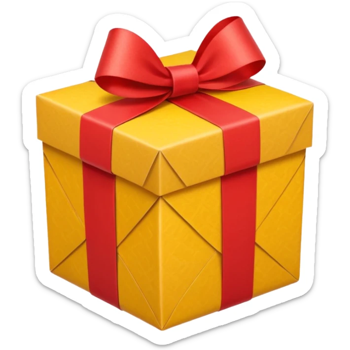 box with yellow wrapping paper and a length of red ribbon surrounding it on the bottom of the ground so you can see most of the box's cardboard sticker