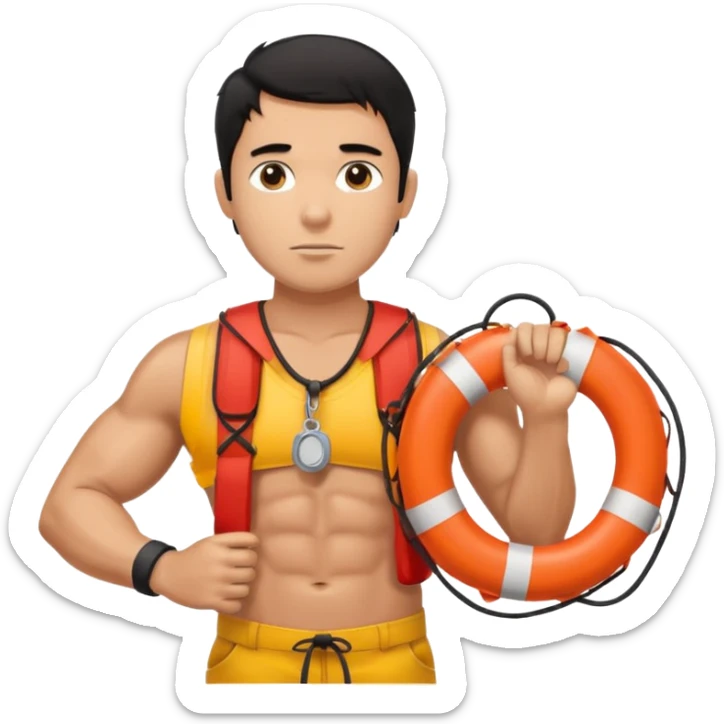 Dark Tan Muscular lifeguard no shirt with messy black hair with whistle and life preserver sticker