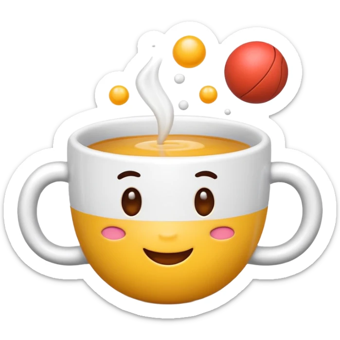 Cute 3D cartoon emoji style sticker of a cup and ball game, glossy plastic texture, soft lighting, smooth shadows, playful expression, high detail, white outline sticker, transparent background” sticker