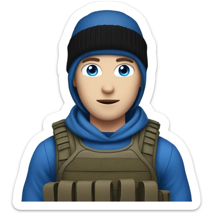 male, pale skin, face mask, camo tactical gear, combat boots, black beanie, blue eyes sticker