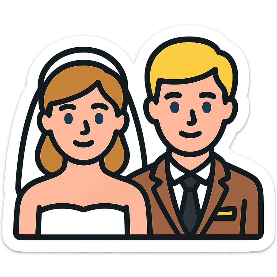 portrait of a bride with light brown hair and grey-blue eyes, and a groom with blonde hair, blue eyes, wearing a brown suit sticker
