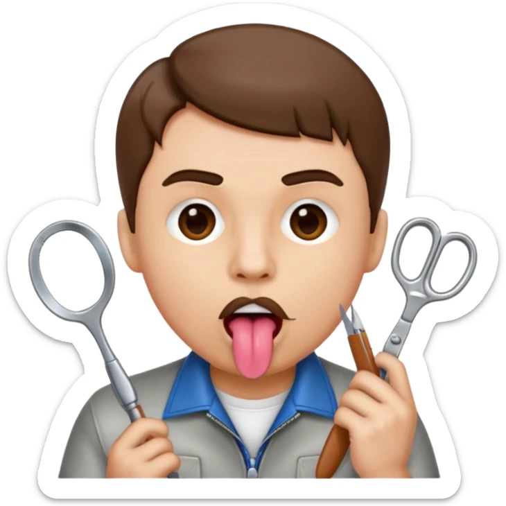 Man holding tongue out of mouth with scissors surrounding his tongue sticker