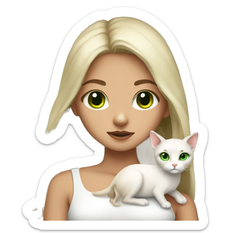 Fawn hair girl with green eyes and her white cAt with green eye sticker