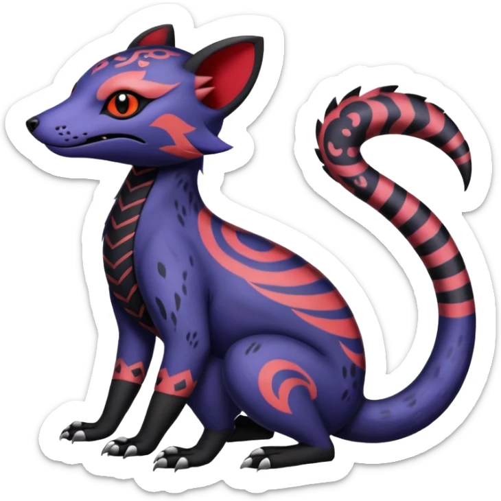 Rare warm-colored exotic gloomy tropical edgy cute epic aesthetic spooky indigo violet white black red gothic colorful Salandit-Noibat-Civet-species-Fakemon-hybrid-creature, with tribal tattoo markings, full body sticker
