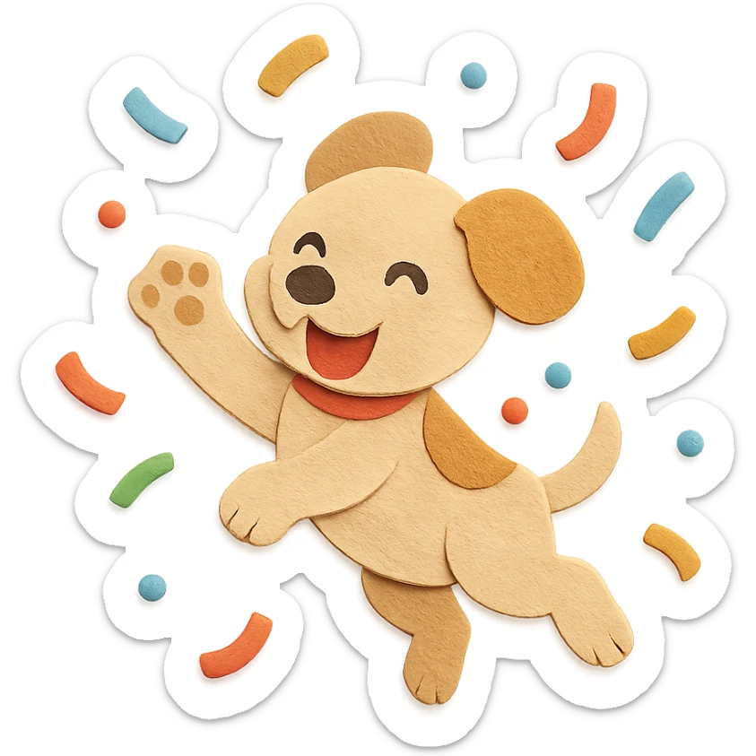 highly detailed, high quality paper craft style illustration of a puppy jumping through confetti with a paw up in celebration, intricate textures, soft lighting, delicate cut-paper details sticker