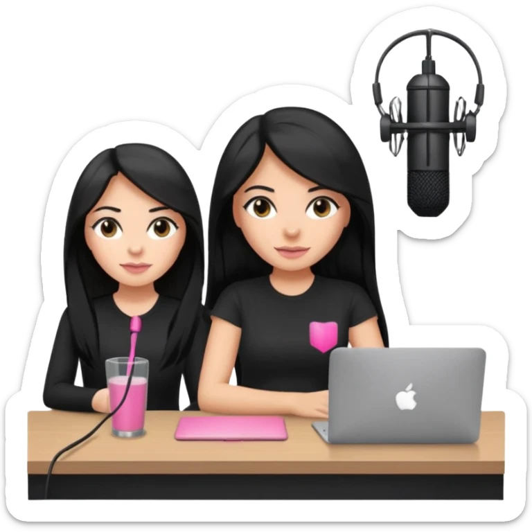 tanned long black hair woman, sat at desk with pink MacBook, podcast microphone black top and pink, sexy, glass table sticker