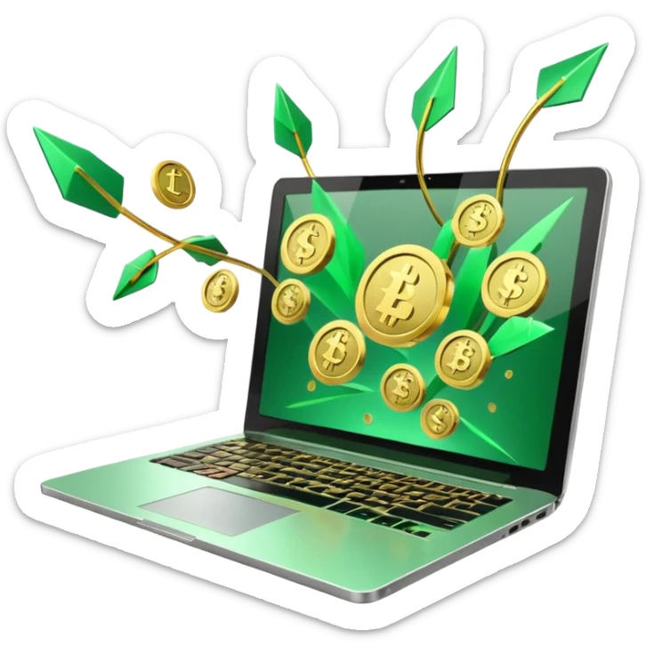 3D laptop icon with gold coins flying out of screen, green color (#0B3D2C), gold accents (#C9B037), upward arrows, glossy modern style, transparent background sticker