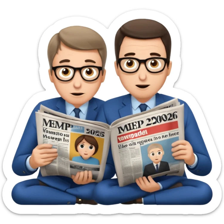 Gérard Larchet et yael braun pivet qui sont assis à genoux et qui lisent un seul et même grand journal et qui semblent émerveillés sur le journal on peut voir marque MEP 2026 au,milieu d’un article  sticker