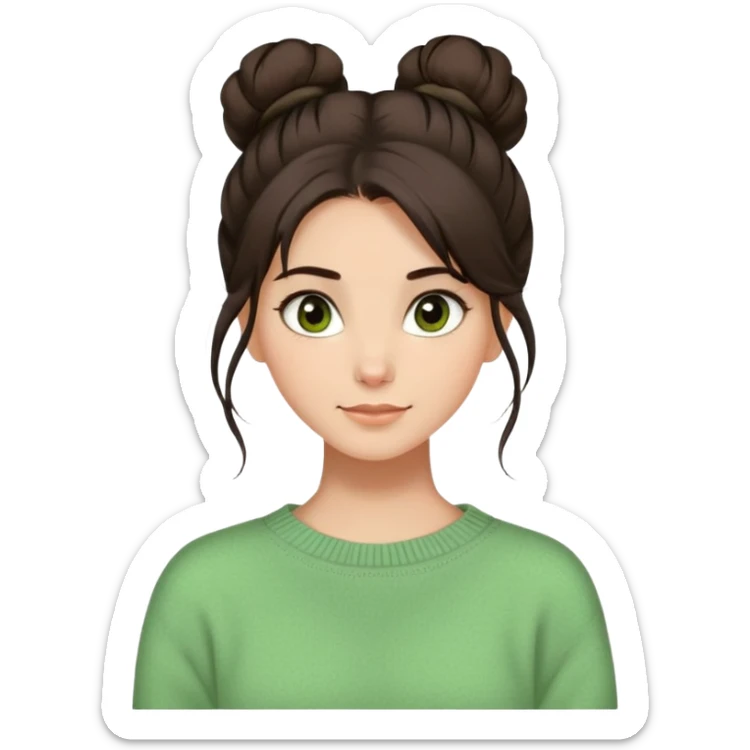 a girl with long dark brown hair with high disheveled bun in light green sweater, a slight smile, brown eyes sticker