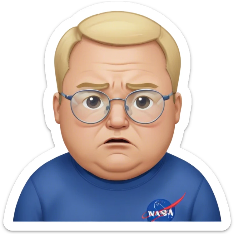 angry fat man, crying like a kid,  blond short and hight receding hairline, wearing a dark blue sweatshirt, nasa logo on the sweatshirt, round glasses without frame, 40 years old sticker