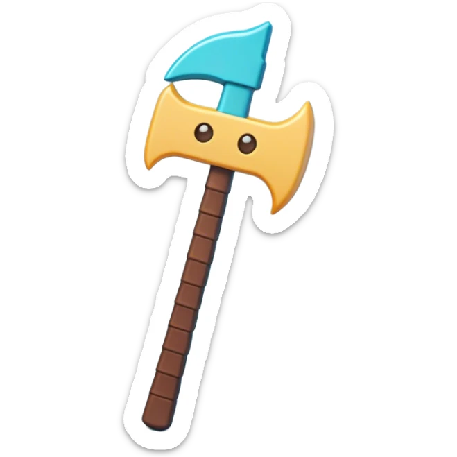 Clash of Clans aesthetic: Cinematic Playful Pixel 3D Pickaxe Portrait Emoji, rendered in a 3D vector-style similar to standard emojis with minimal shading and bold, simplified shapes. A compact, distinct form with signature details, softly glowing with a pixelated adventure charm. Simplified yet unmistakably iconic, highly detailed and consistent, glowing with a soft radiance and high shine. Stylized with a touch of classic pixel-art charm and a soft glowing outline, capturing the essence of a beloved gaming relic with a friendly, playful manner! sticker