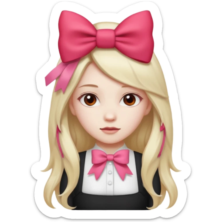 girl with long hair with side parted pale skin red pink bow in her hair and wearing a white basic top sticker