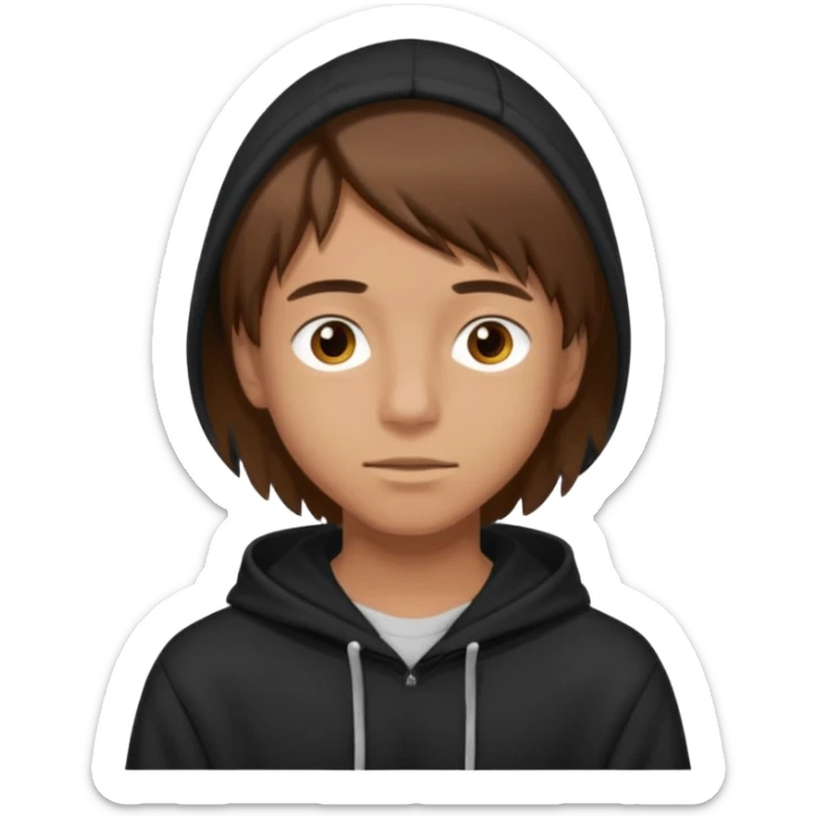 A teenage boy with brown straight hair and brown eyes and has a black hoodie and a tanned skin sticker