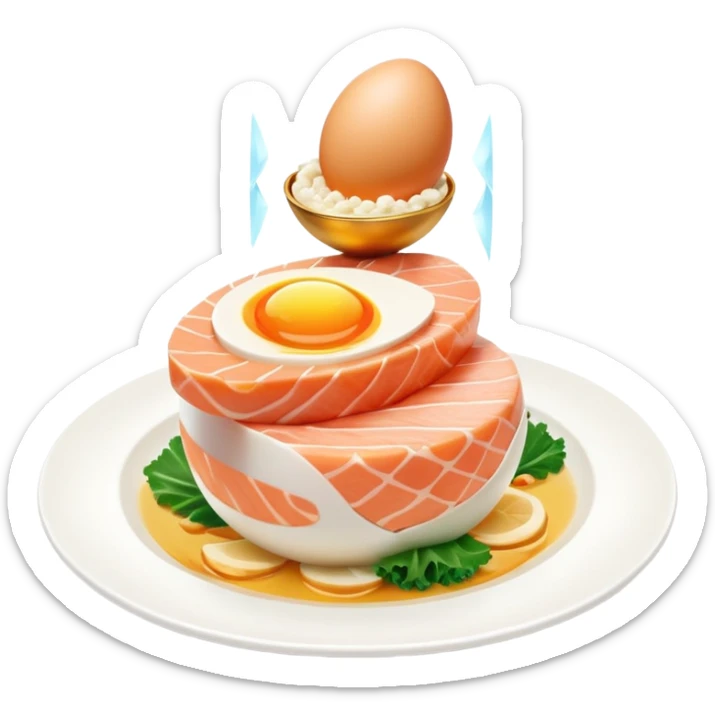 Floating plate with ethereal icons of golden egg, salmon fillet, bright chicken breast, and translucent tofu block, all orbiting a central double helix symbol, with soft light expanding towards a glowing muscular figure sticker