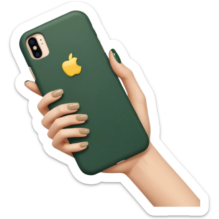 female hand with nude manicure (5 fingers) holding iPhone in dark green case, side angled view, minimalism, emoji style sticker