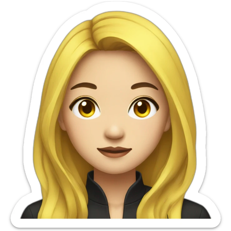 Female asian round face with black long untied yellow highlighted long hair in a black shirt sticker