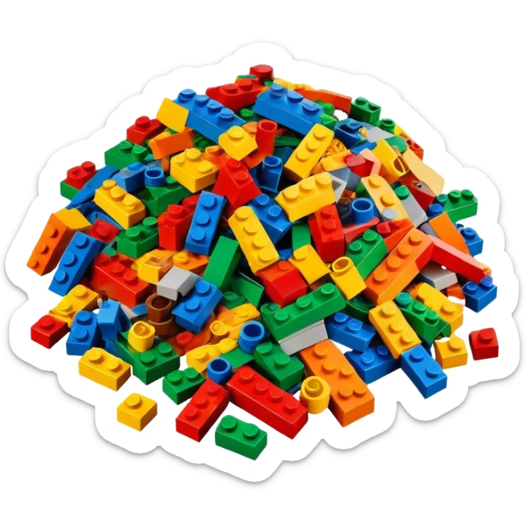 A photorealistic icon featuring a pile of colorful LEGO bricks scattered together in a messy heap. The design includes bright, detailed textures of the individual bricks, capturing the playful and creative essence of LEGO building. Transparent background, symbolizing LEGO construction. sticker