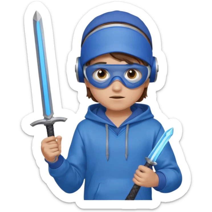 a boy with brown hair, a blue vr headset. a blue hoodie and a blue sword and show the hair sticker