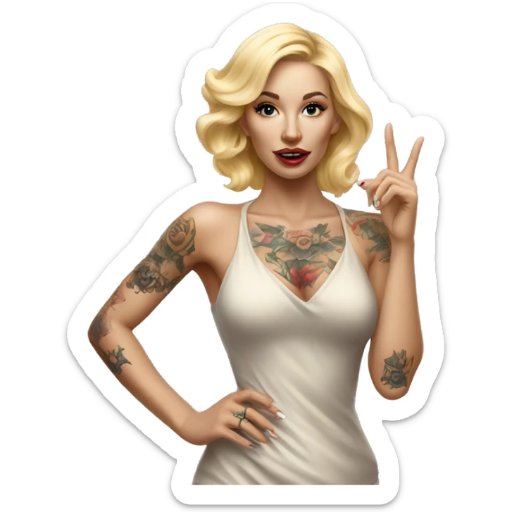 Blonde elegant women, her Body Covered with Tattoos, POINTING YOU with her HAND , Hyper realistic sticker