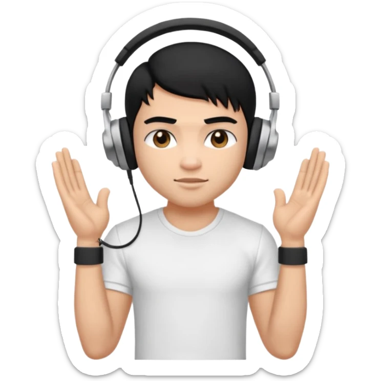a pretty bratz fair indian boy with black hair. lean but muscled, wearing a white tshirt. headphones on sticker