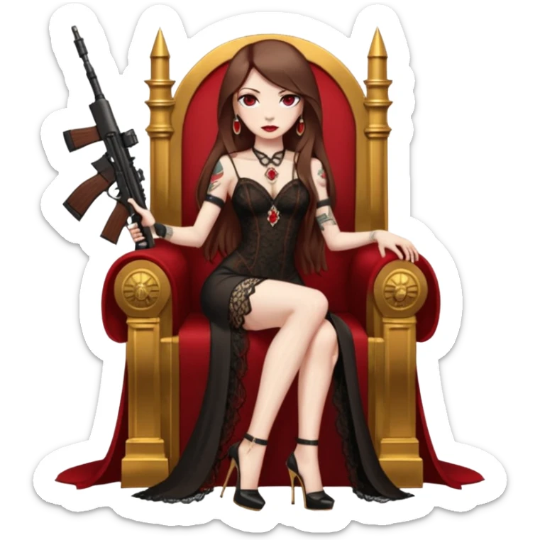 Lilith female red eyes symbol. Tattoo arms. Her hair is brown straight long hair.wearing sexy long  lace dress with slit. black stiletto platform high heels shoes on. Sitting on gold throne with rubies sniper rifle in one hand cash in other hand sticker