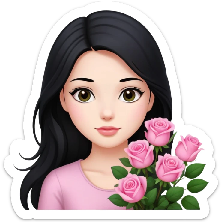 A beautiful girl with long black hair holding a bouquet of pink roses sticker