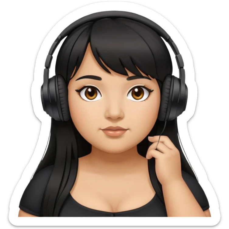 Latina girl with bangs black long hair plus size black dress with headphones sticker