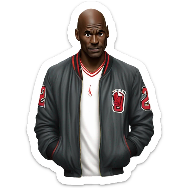 Michael Jordan in a jacket holds his head and is sad photorealistic serious sticker