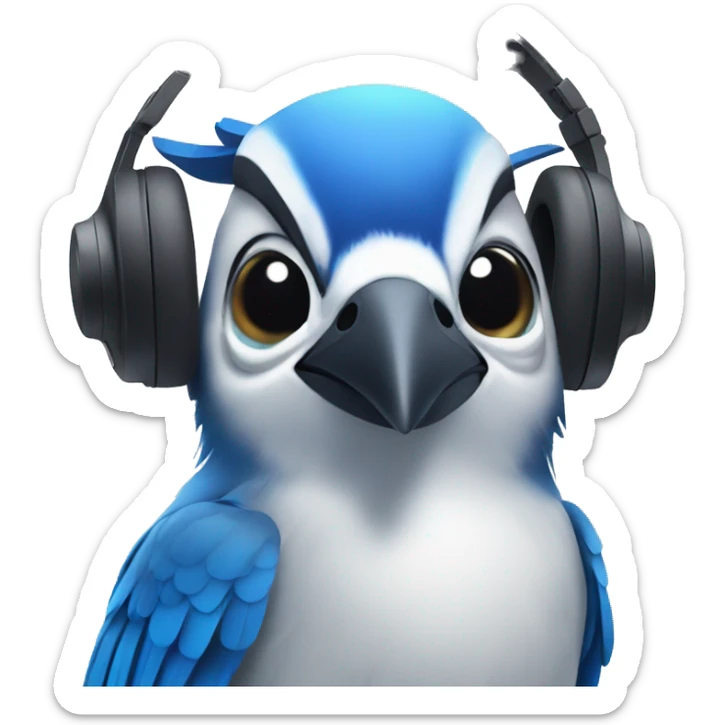 blue jay listening to music on headphones with a happy face sticker