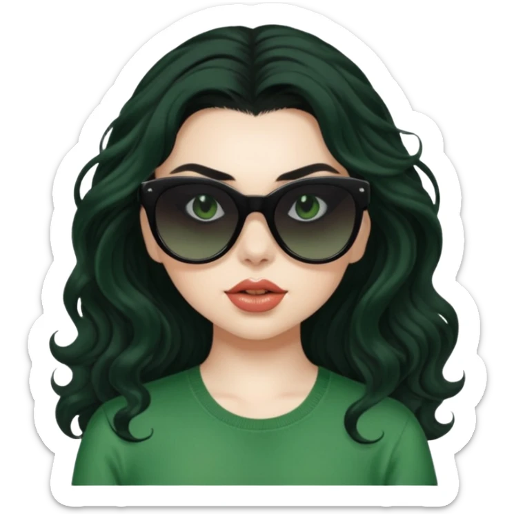 current charli xcx with her long black wavy hair, thick black sunglasses, pale skin, and a green top that said brat in the brat font. sticker