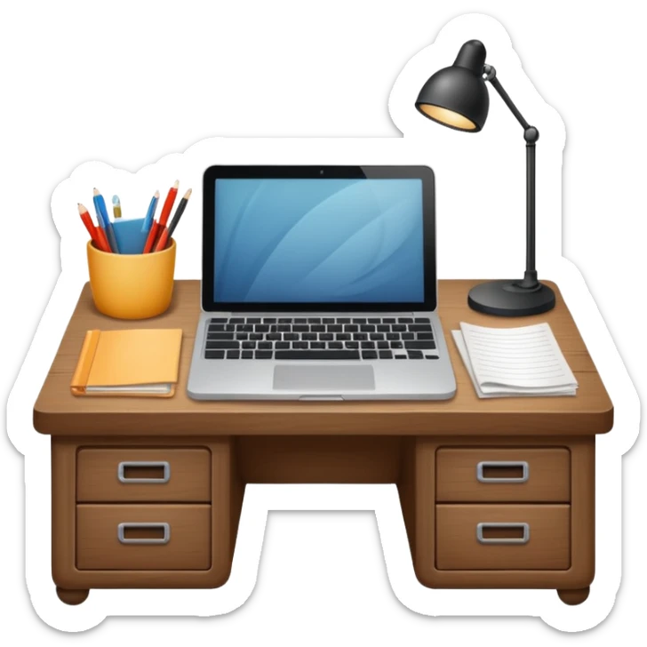 simple emoji of a cozy desk with a paper and a laptop on it sticker