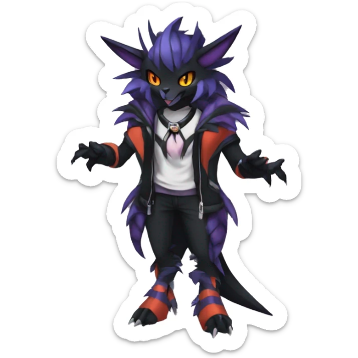 Cool Anthro Black Noivern-Absol-Litten-Pokémon with edgy stripes hoodie spiked collar punk Full Body sticker