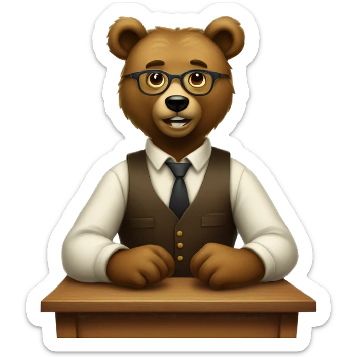 bear wearing glasses sitting in front of old school desk with suspenders sticker