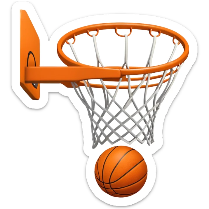 A close-up of a basketball shield and hoop with the ball swishing through the net, captured mid-air. The background emphasizes the tension and excitement of the moment, with the rim and net in sharp focus, showcasing the precision and skill of the sport. sticker